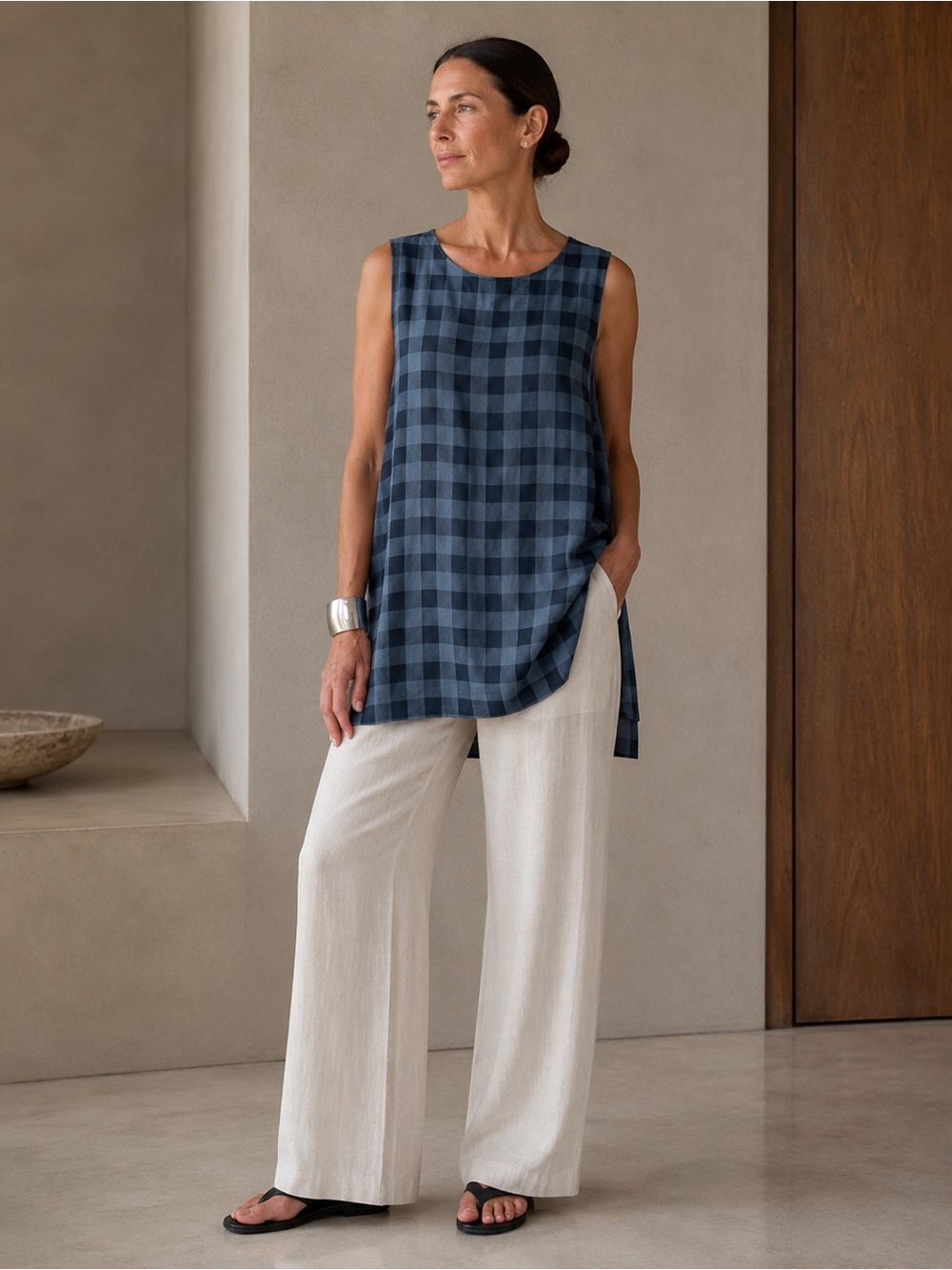 Eileen Fisher 100% Silk Buffalo Check Tunic Top Blue Black Large